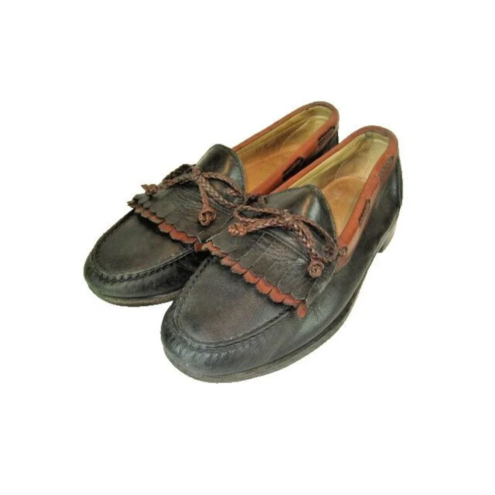 Mens Woodstock 2 Tone Black/Tan Leather Tassel Kilt Casual Loafers sz 10D